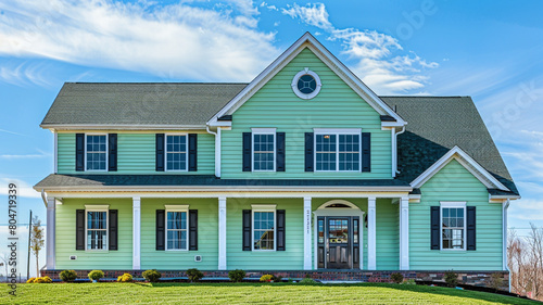 A tranquil mint green home with siding and shutters offers a serene retreat within the suburban landscape, its calming hue complementing the clear blue sky overhead. © Adil