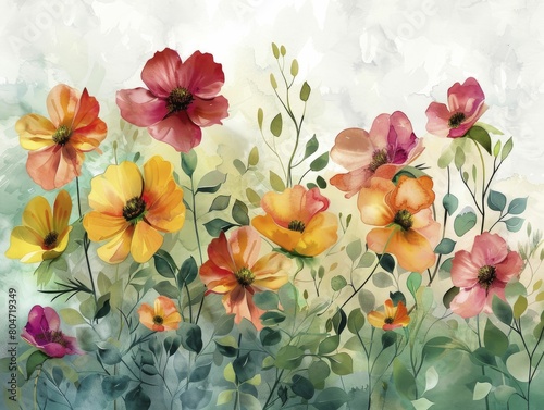 Capturing the essence of a vibrant garden  diverse flora blooms with a dynamic  abstract watercolor allure.