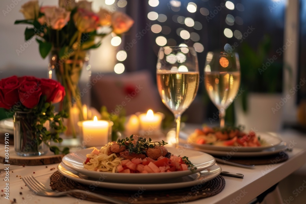 romantic vegan dinner and champagne in glasses on a date for two. Healthy eating habits. 