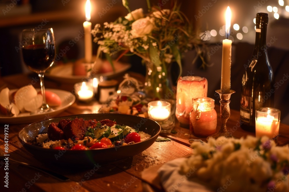 romantic vegan dinner on a date for two. Healthy eating habits. 