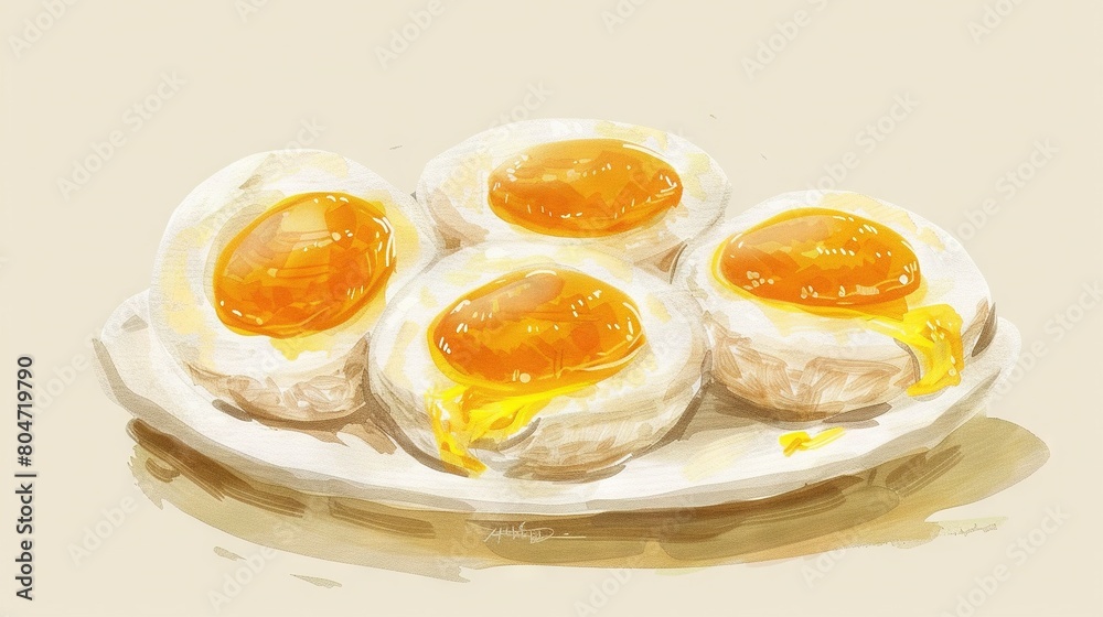   Eggs in Honey Syrup - a painting showcases four eggs resting on a plate, adorned with golden honey drizzle