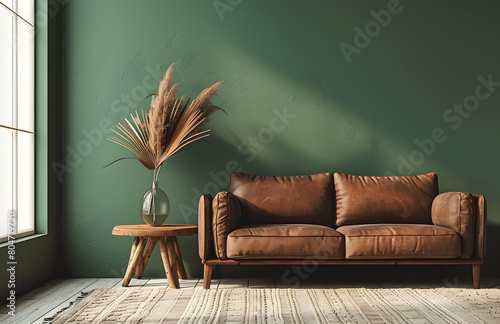  green olive empty walls and a large sofa. Accent orange ochre couch. Space mockup for art or pictures. Modern interior design room. photo