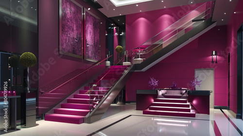 Bold fuchsia entrance hall with a contemporary staircase and sleek  modern decor in an American home.
