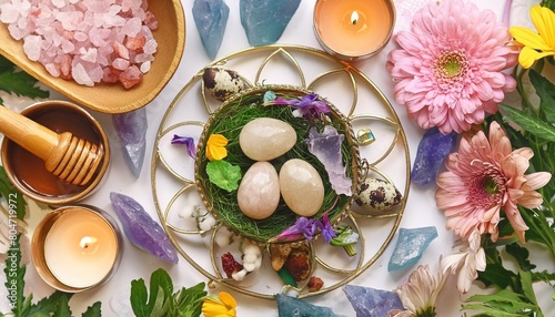 altar for spring ostara sabbath wiccan wheel of the year with flowers crystals eggs esoteric ritual for ostara pagan holiday magical spring equinox close up top view © Simone