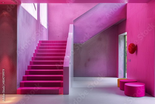 Bold fuchsia entrance hall with a contemporary staircase and minimalist design in a modern American home.