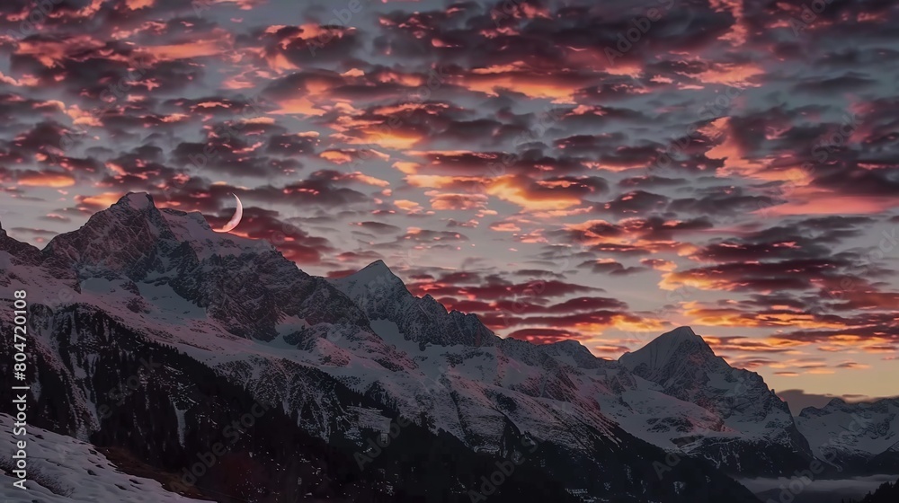 Fototapeta premium A snow-covered mountain beneath a cloudy sky, featuring a crescent moon in both the middle of the sky