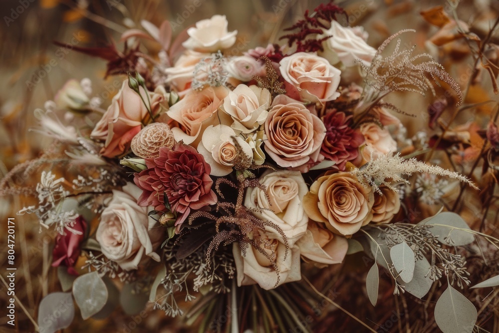 wedding bridal bouquet in hands of bride closeup of neutral beige earthy tones roses flowers trendy color palette wedding bridal bouquet in hands of bride closeup of neutral beige earthy tones roses flowers trendy color palette