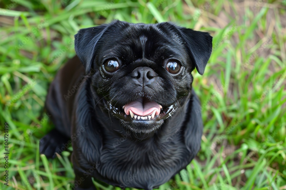 Black pug sitting in green grass smiling and panting