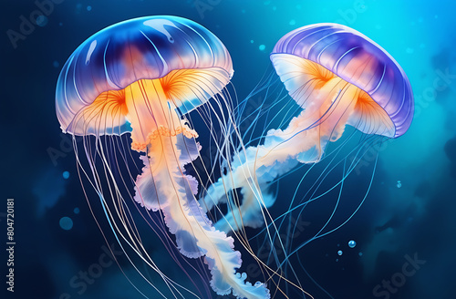 beautiful underwater background of a pair of colorful floating jellyfish © iredman