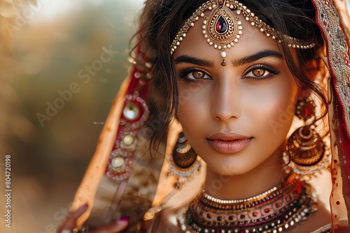 Beautiful young indian woman in traditional clothing with bridal makeup and jewelry. gorgeous brunette bride traditionally dressed