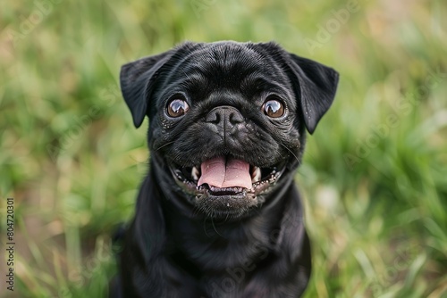 Black pug sitting in green grass smiling and panting © Aliaksandr Siamko