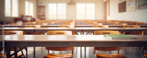 A many school desk with chairs in the university clasroom, modern school concept.
