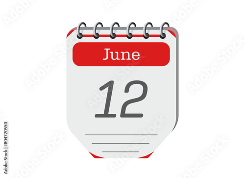 12 june creative calendar reminder page vector. Retro 3d one day calendar date appointment, deadline, event reminder illustration. Abstract red three dimensional daily date calendar. 