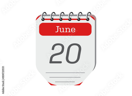 20 june creative calendar reminder page vector. Retro 3d one day calendar date appointment, deadline, event reminder illustration. Abstract red three dimensional daily date calendar. 