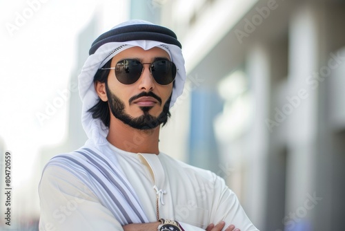 Innovative Arabian businessman dubai view. Emirati man. Generate Ai