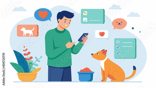 A pet owner marveling at the convenience of receiving feeding recommendations straight to their phone through a smart feeding system.. Vector illustration