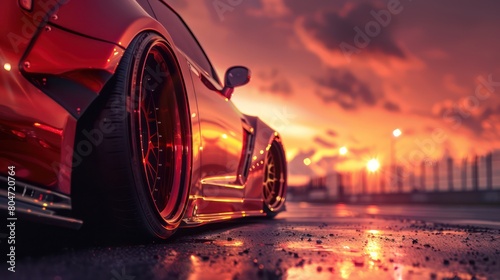 The warm glow of the golden hour sun accentuates the curves and design of a striking red sports car photo