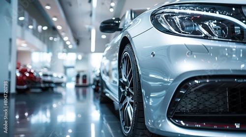 a luxurious silver car showcased in a dealership with other cars in the softly blurred background