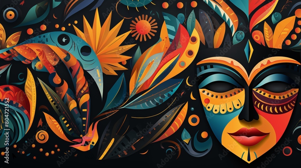 Vibrant and Colorful Abstract Illustration of Stylized Tribal Mask Surrounded by Floral Elements.