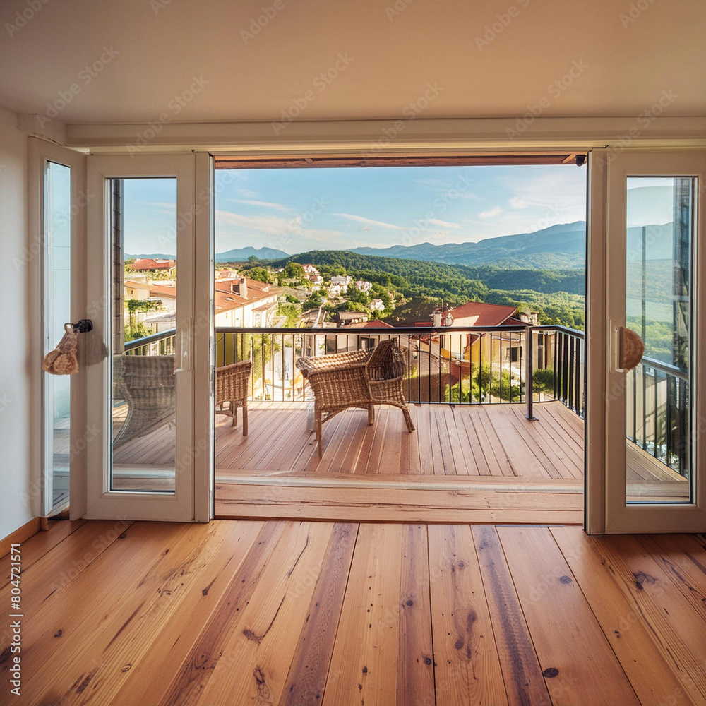Fototapeta premium fenster, innenausstattung, raum, haus, zuhause, anblick, architektur, ausgehöhlt, böden, balkon, apartment, keine reste, design, luxus, fenster, tabelle, all, hölzern, innen, neu, gasthof, veranda, gl