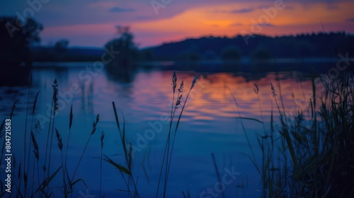 An evening scene of a lake with the sky painted in deep twilight colors and grass silhouettes in the foreground