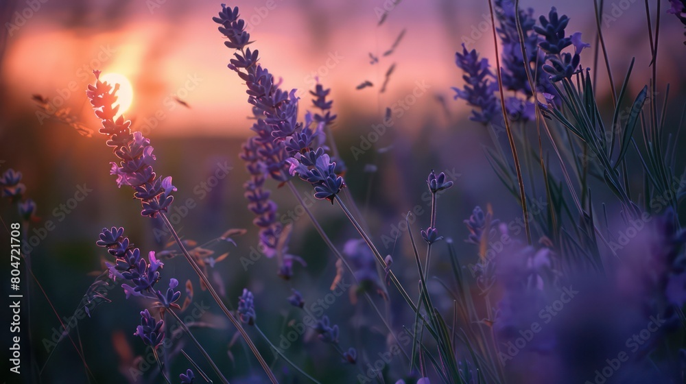 A lavender field bathed in the warm glow of sunset, evoking feelings of peace and tranquility A lavender field bathed in the warm glow of sunset, evoking feelings of peace and tranquility
