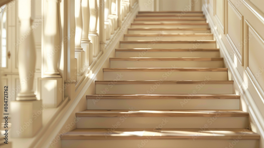 Classic ivory stairs with a wooden handrail, full straight view with detailed wood texture.
