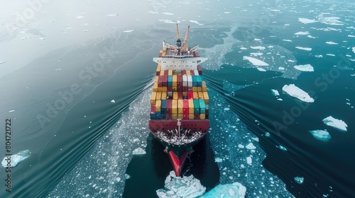 Majestic Maritime Transport Aerial View of Large Cargo Icebreaker Vessel Loaded with Containers Sailing in Ice-Cold Ocean
 photo