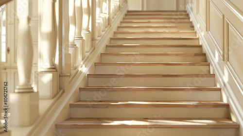 Classic ivory stairs with a wooden handrail  full straight view with detailed wood texture.