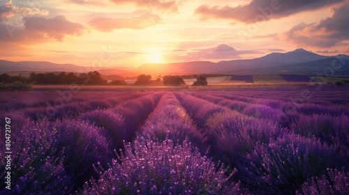 The vibrant lavender stretches across the field, leading to a majestic mountain backdrop in a seamless scape under the pastel sky