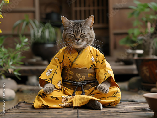 cat in oriental clothes meditates