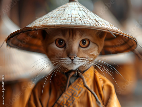 cat in oriental clothes and Vietnamese hat