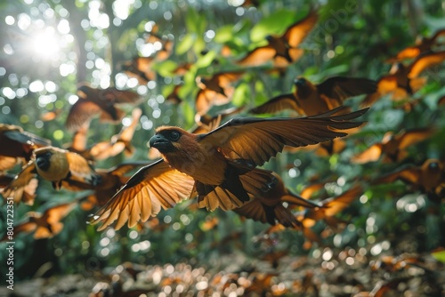 Atmospheric image of a flock of birds in flight with the background light filtering through trees