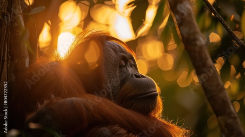 Captivating image of a serene orangutan bathed in the soft glow of a sunset amidst lush greenery