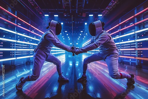 In a scene resembling a futuristic arena, two fencers engage in a duel surrounded by neon lighting and modern design photo