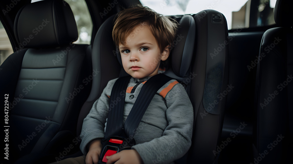 the child's car seat with seat belt fastened and smiling, car interior in the background the child's car seat with seat belt fastened and smiling, car interior in the background