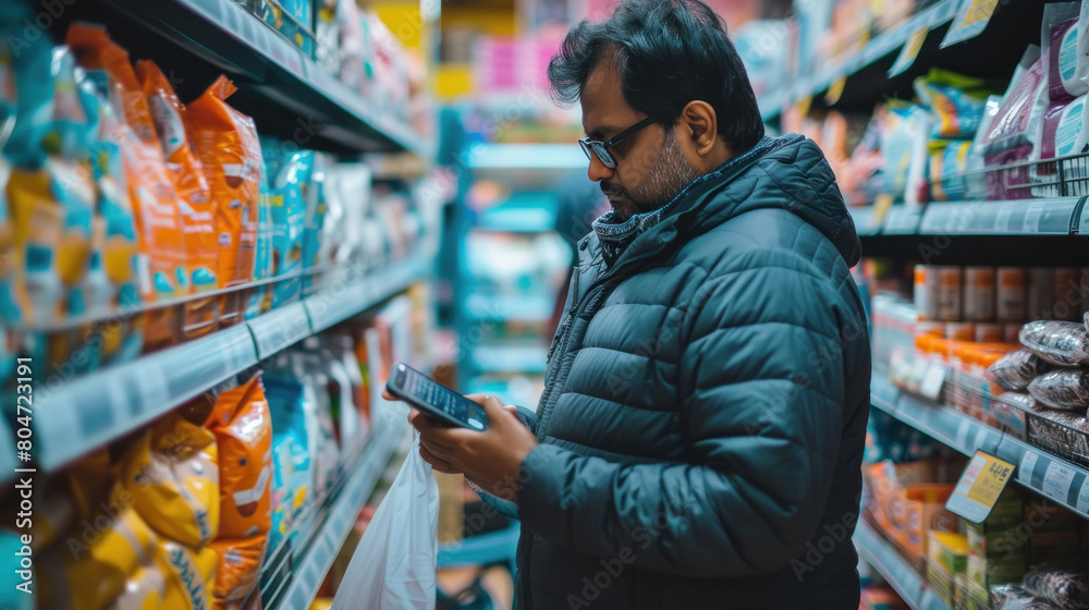 indian man using smartphone in supermarket