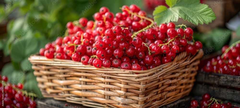 Redcurrant in basket photography. Freshly harvested Redcurrant nestled in a charming basket. This horizontal banner poster showcases the bounty of a fall garden with vibrant Redcurrant Redcurrant in basket photography. Freshly harvested Redcurrant nestled in a charming basket. This horizontal banner poster showcases the bounty of a fall garden with vibrant Redcurrant