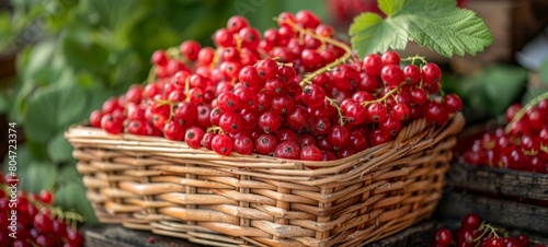 Redcurrant in basket photography. Freshly harvested Redcurrant nestled in a charming basket. This horizontal banner poster showcases the bounty of a fall garden with vibrant Redcurrant