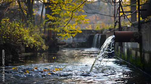 Dirt pipe releasing water into stream. Sewage pipe to river.