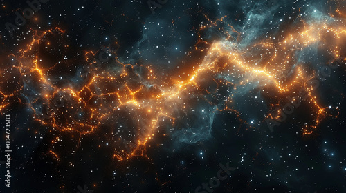 Deep space backdrop with tiny glowing molecular networks Small  interconnected structures forming a constellation-like pattern against the cosmos.