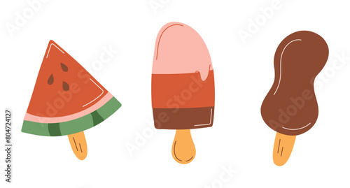 Ice cream set. Chocolate Popsicle on stick, watermelon shape, striped. Collection sweetie, gelatos. Cold summer dessert. Sweet delicious food. Colored with outline. Isolated. Vector illustration