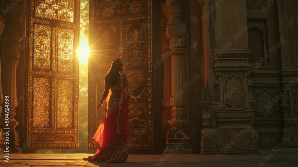 woman princess in traditional lehenga in front of a magical mystical door