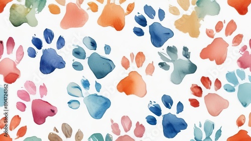 White background of watercolor paw prints in a spectrum of colors