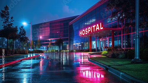 A neon sign for a hospital is lit up in the rain