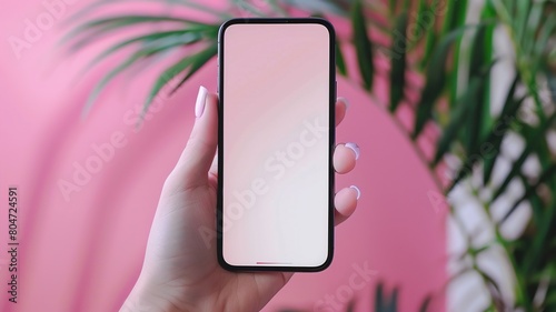 A person is holding a phone with a pink background