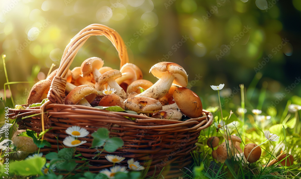 A wicker backet full of the many mushrooms put in the green forest. A wicker backet full of the many mushrooms put in the green forest.