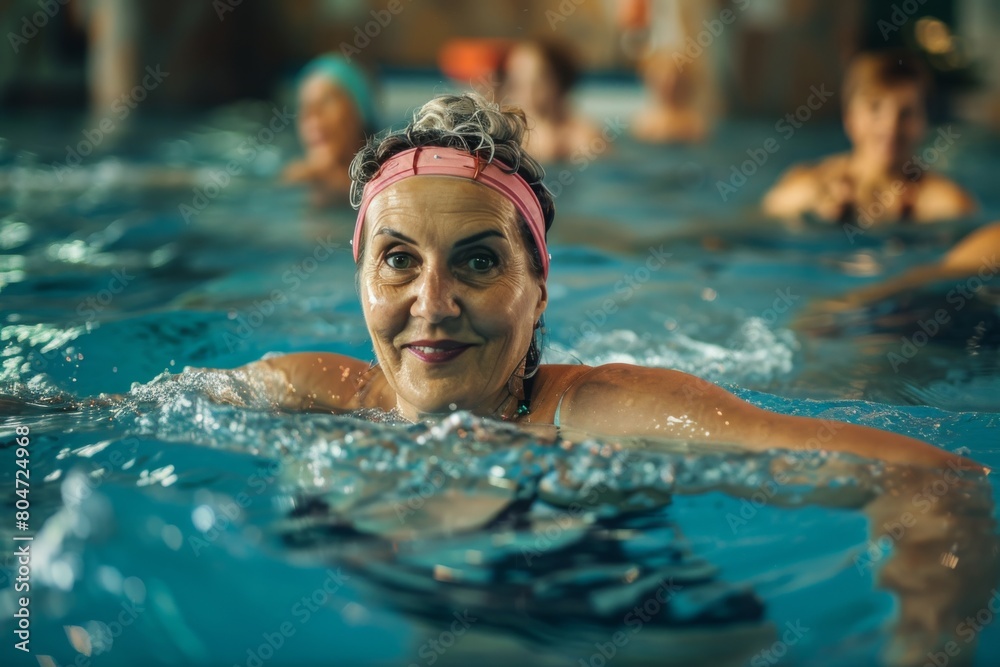 An elderly woman with a colorful headband confidently swims in an indoor pool, showcasing active aging