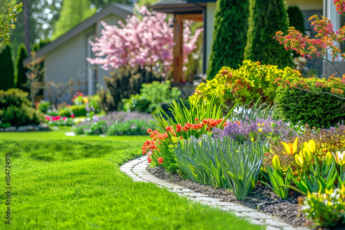 Front yard spring garden landscape, vivid colors and diverse flora, focusing on a rounded grass design in ultra-HD