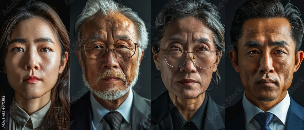 Fototapeta premium Portraits of four Asian professionals conveying experience, wisdom, and a contemporary corporate image